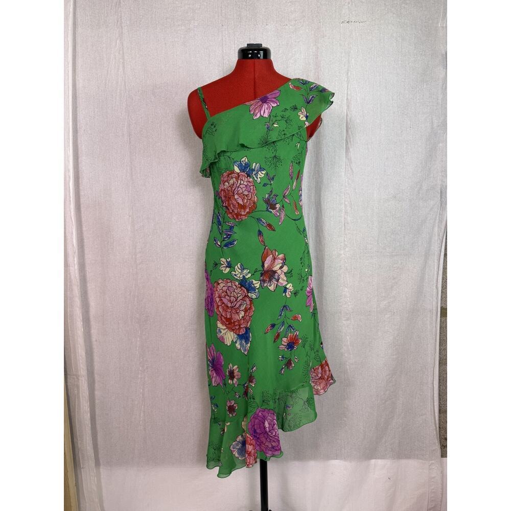 Roz & Ali Green One Shoulder Dress Sz 4 Asymmetrical Floral Spring Summer E110